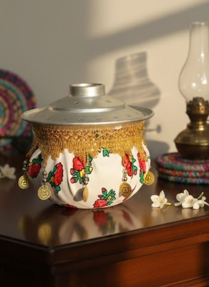 Premium Traditional Fabric Covered Metal Pot with Lid – Decorative Ethnic Storage Jar - Image 2